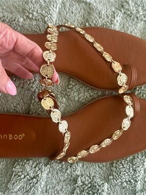 BAMBOO Brown Sandals with Gold Coin Embellishments